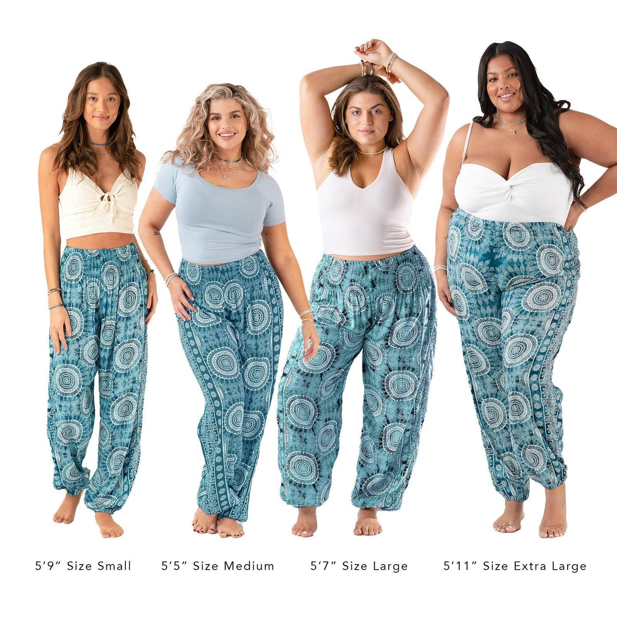 Models of different sizes wearing teal watercolor mandala print harem pants