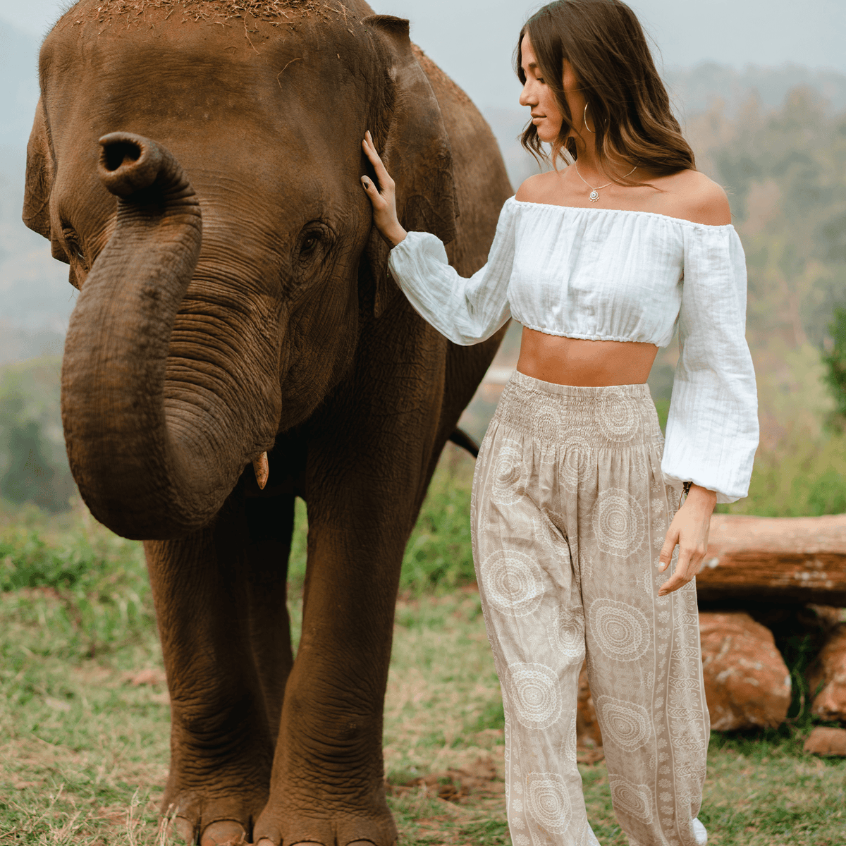 Model standing next to elephant wearing light taupe and white mandala print harem pants