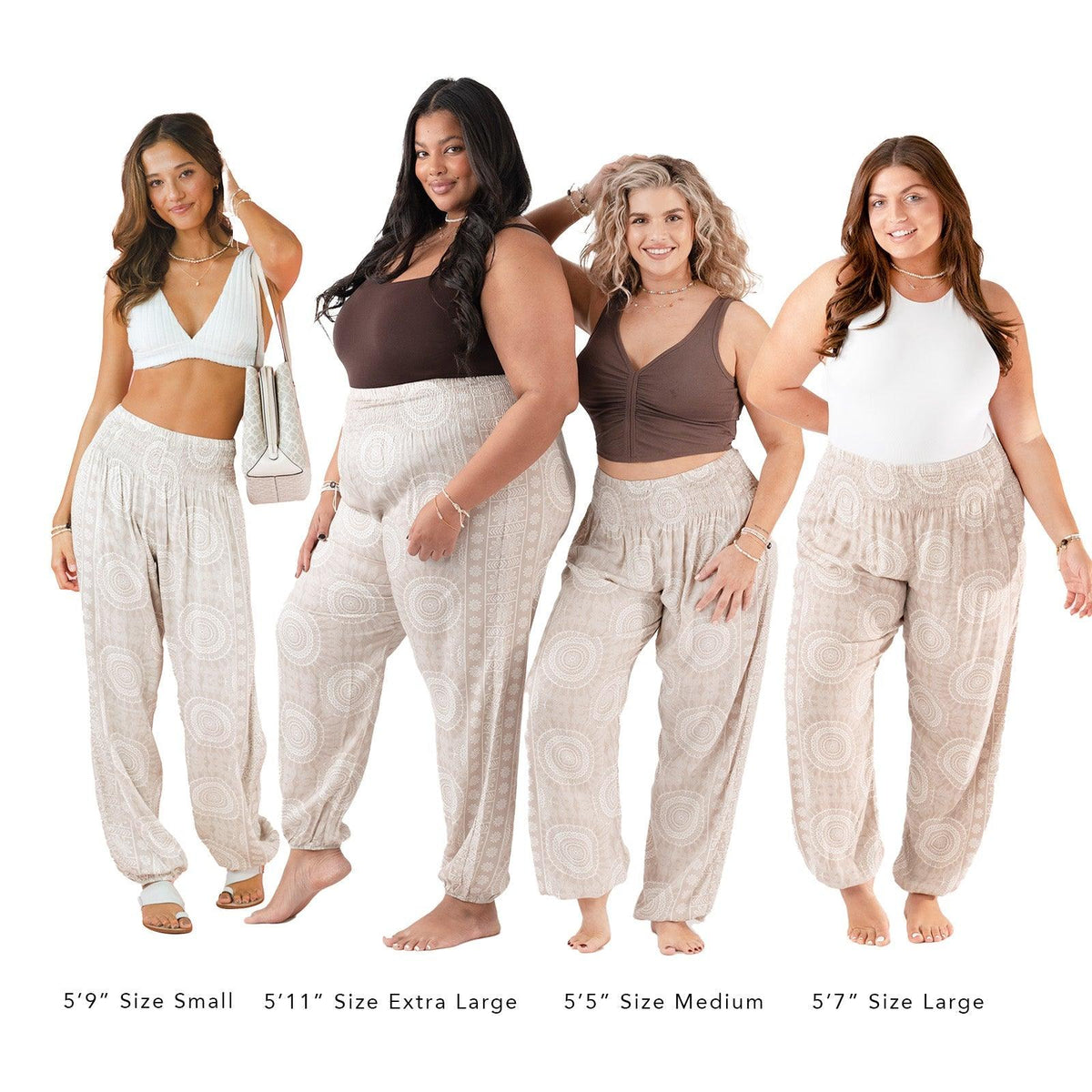 Models of different sizes wearing light taupe and white mandala print harem pants
