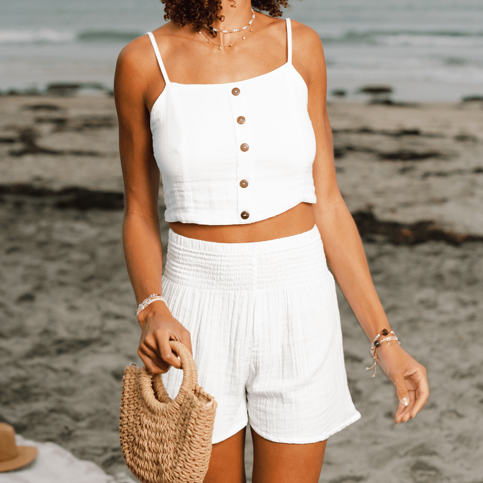 White Cotton Crop Top & Shorts Set - LotusAndLuna